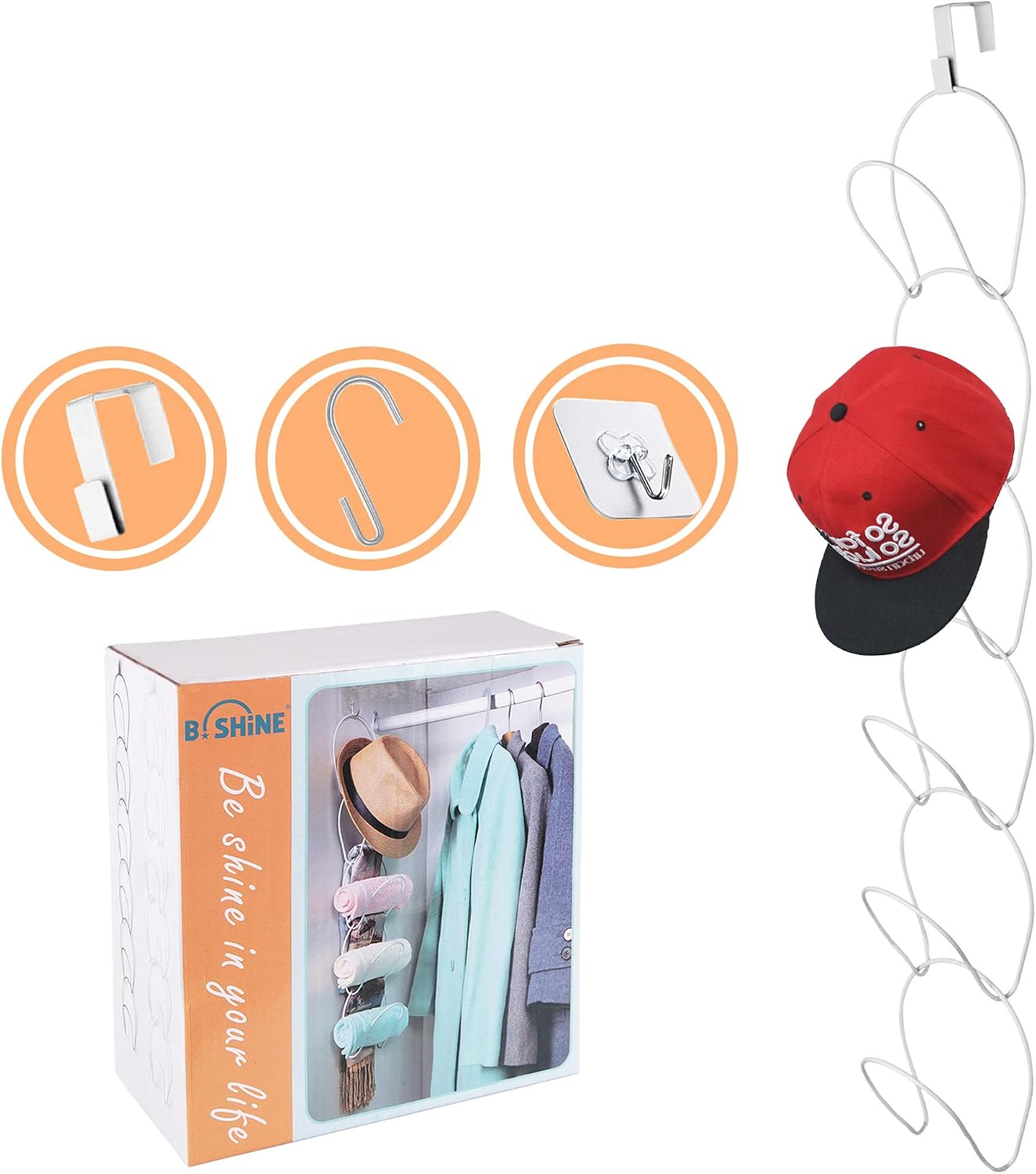 B. SHINE Cap Rack Hat Organizer – 6 Rings Hanging Caps Organizer, Hats Scarfs Rack, Multifunctional Door/Wall/Closet Mounted Racks, White