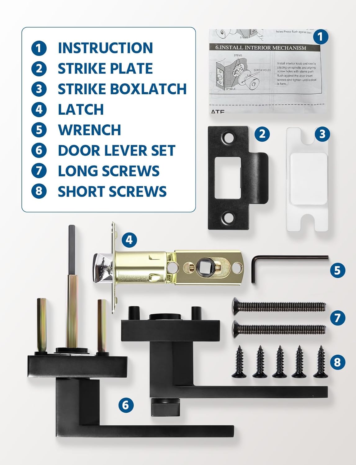 DPB 4Pcs Passage Door Lever with Turn Lock, Interior Matte Black Door Handles, Heavy Bedroom and Bath Door Knob for Right & Left Sided Doors (Lock but No Key, 4)