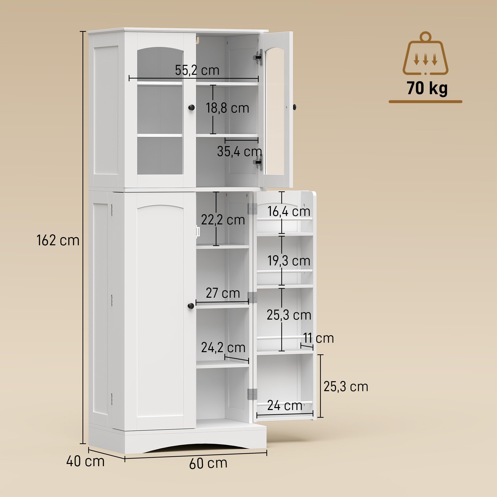 HOMCOM Armario de Cocina, Armario Despensa Cocina, con Puertas Acrílicas de Cierre Suave, 10 Estantes, 8 Compartimentos, Alacena Moderna con 4 Estantes Ajustables para Comedor, 60x40x162 cm, Blanco