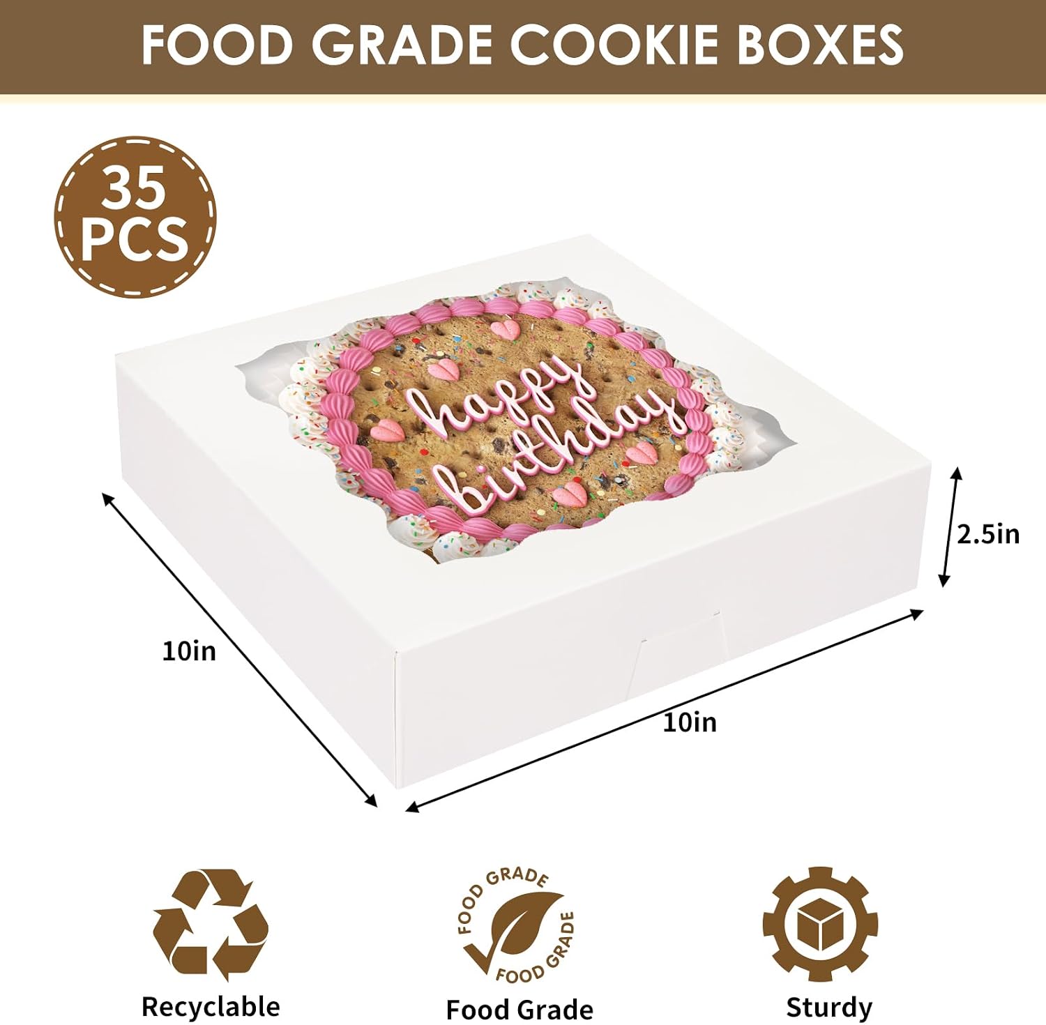 Moretoes 35pcs 10x10x2.5in Auto-Popup Pie Boxes, Cookie Boxes with Window | Auto-Popup Bakery Boxes, 270gsm Food Grade Cardboard, Pre-folded Containers, Suitable for Chocolate Strawberries