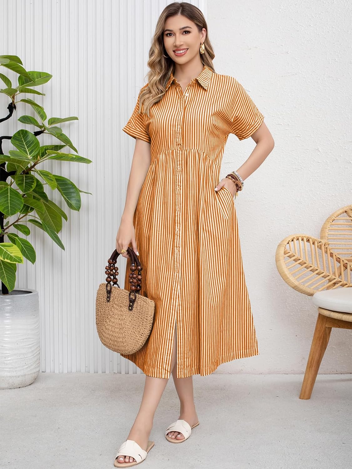 ebossy Women's Boho Striped Shirt Dress Button Up Side Slit Loose Mid Long Cotton Dress with Pockets - Image 3