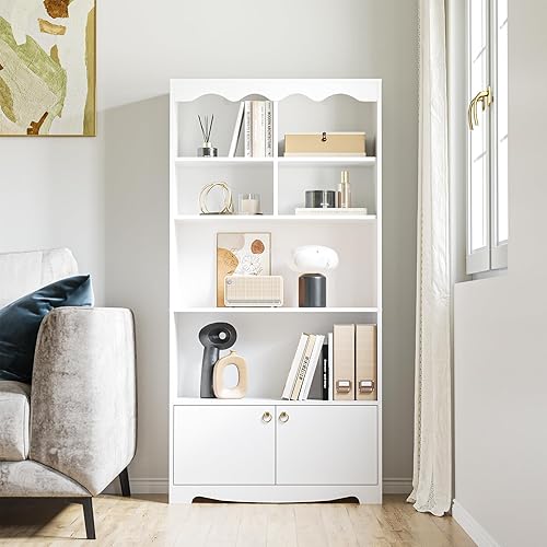 GAOMON Estantería blanca de 5 niveles, estantería de 63 pulgadas de alto con estantes y puertas de almacenamiento abiertos, estantes de