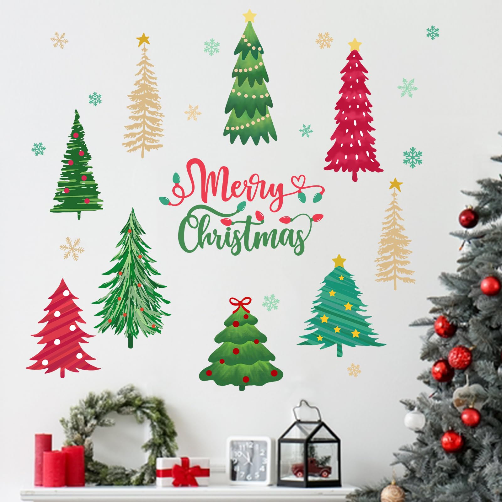 Mfault Christmas Santa Claus Reindeer Wall Decals Stickers, Xmas Gifts Gold Snowflake Decorations Bedroom Art, Winter Holiday Home Kitchen Decor