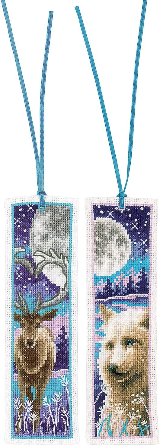 Vervaco Bookmark Cross Stitch Kit Wolf, Deer, Moon Set of 2, Counted Pattern, 6 x 20 cm