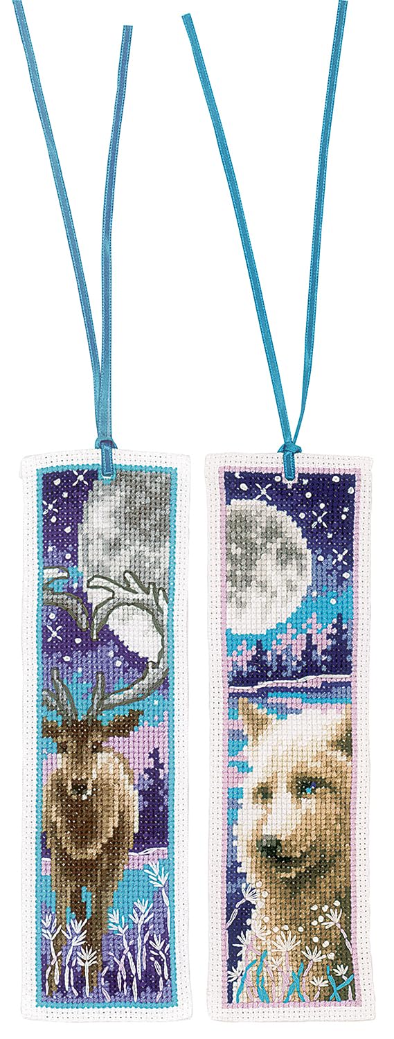 Vervaco Bookmark Counted Cross Stitch kit Wolf and Deer with Moon Set of 3, 6x20cm, DIY