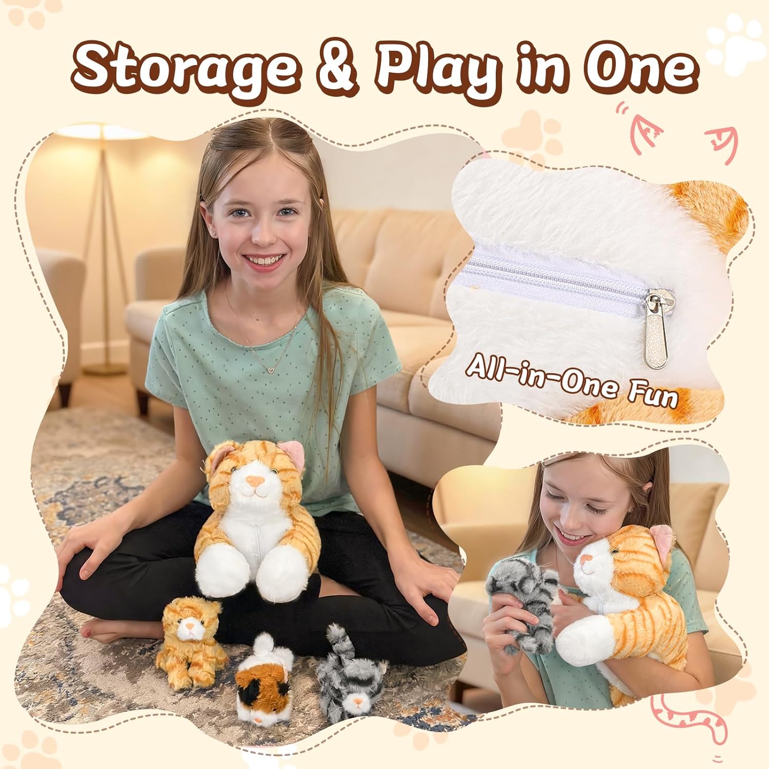 Muiteiur 4 Piece Cat Stuffed Animals, 15.7 inch Mom Plush Cat with 3 Kittens Stuffed in Zipper Pouch, Cute Yellow Mom and Baby Stuffed Cats for Kids Girls Boys