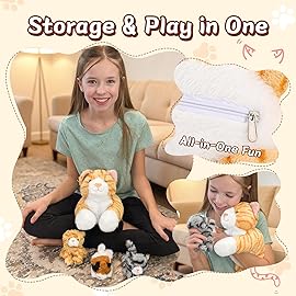 Muiteiur 4 Piece Cat Stuffed Animals, 15.7 inch Mom Plush Cat with 3 Kittens Stuffed in Zipper Pouch, Cute Yellow Mom and Baby Stuffed Cats for Kids Girls Boys