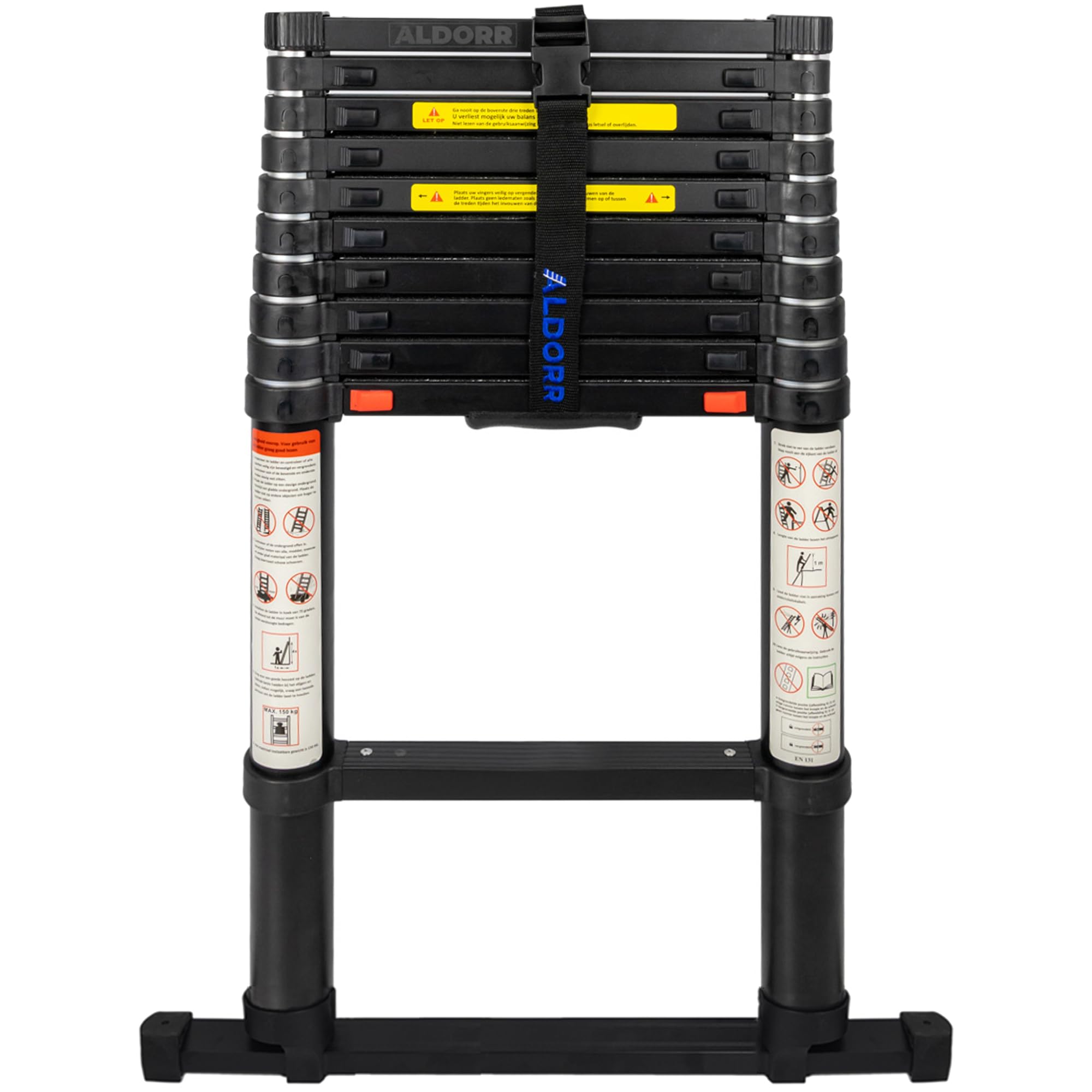 Aldorr Black Professional 10.5Ft / 3.2M Telescopic Ladder Made Aluminum - With Telescopic Stabilization Bar - Load Capacity Up To 150Kg - Soft-Close System - Safe And Reliable (En131)