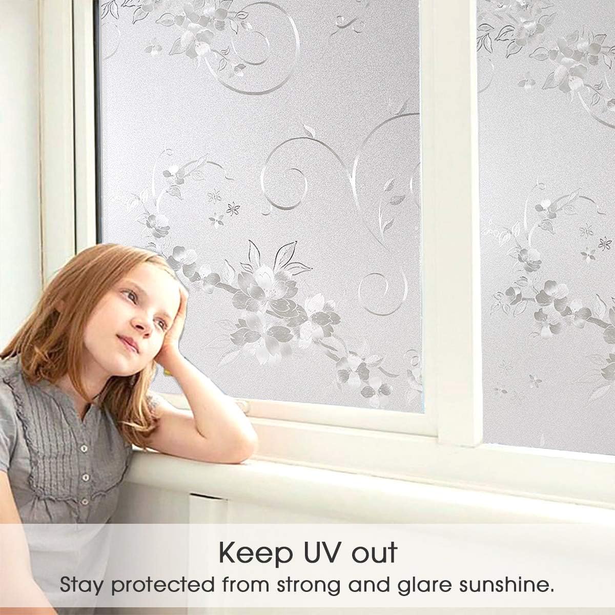 Frosted Privacy Window Film, No-Glue Stained Glass Window Decor/Privacy Protection/Heat Control/Anti UV, Iron Flower Stained Glass Static Cling for Home/Office, 23.5x78.5 inch