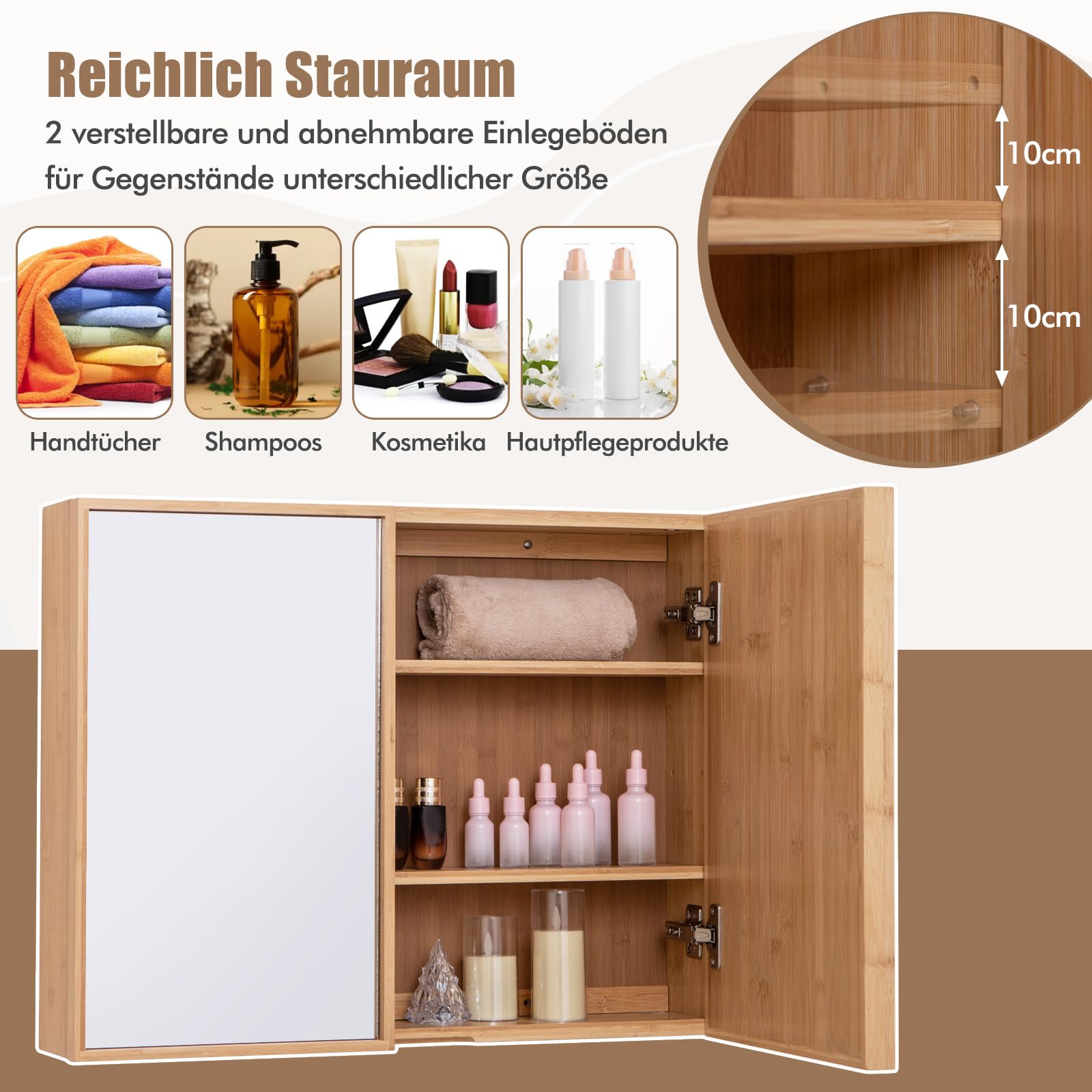 COSTWAY Bambus Spiegelschrank Bad, Badezimmerschrank mit Spiegel, Badezimmer Hängeschrank mit 2 Türen & 2 verstellbaren Regalen, Wandschrank für Badezimmer, Natur