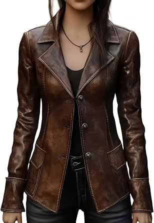 Women’s Vintage Brown Faux Leather Blazer Jacket