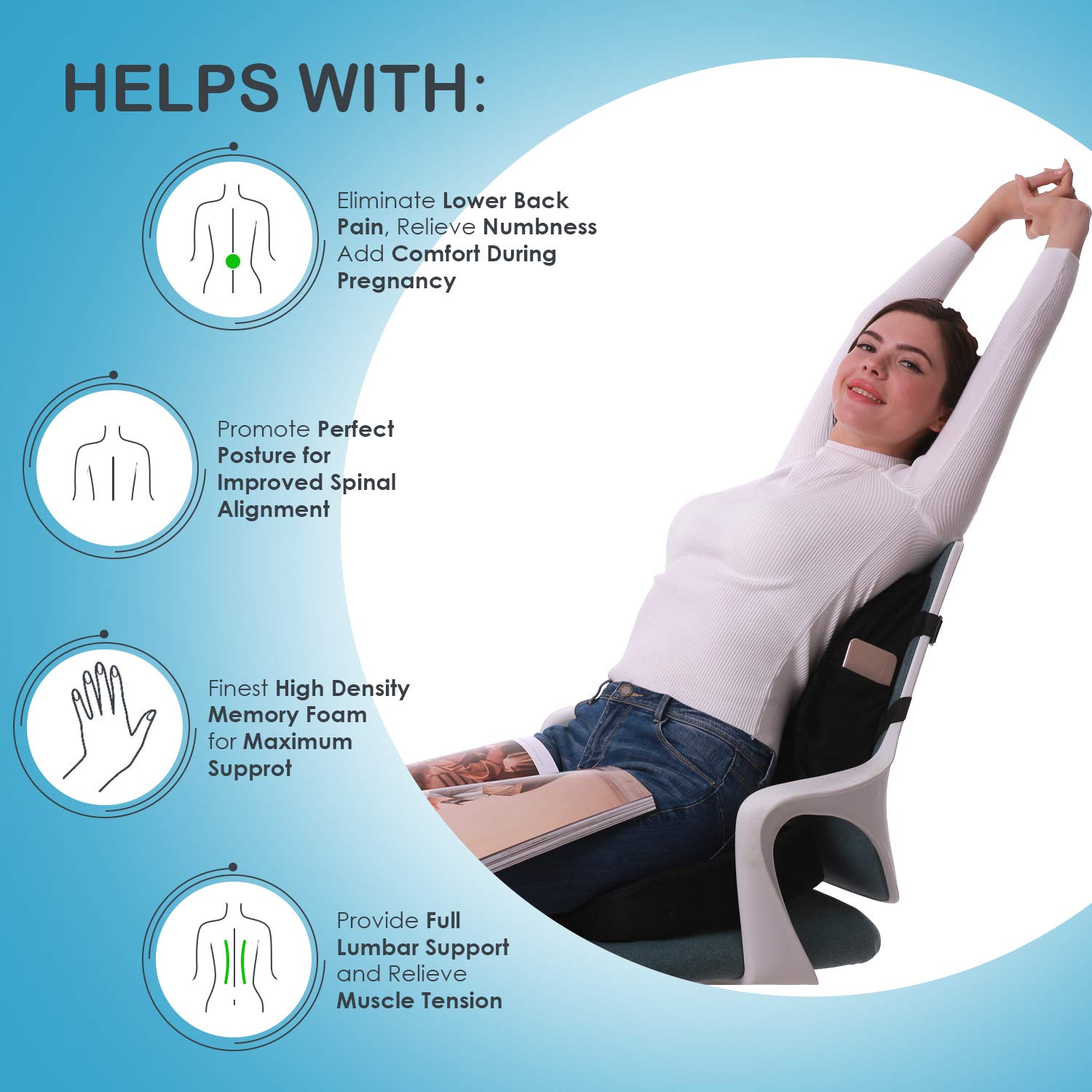 LALOSHI Lendenkissen Memoryschaum - Ergonomische Lordosenstütze - Verstellbare Gurte - 37x21x10 Cm