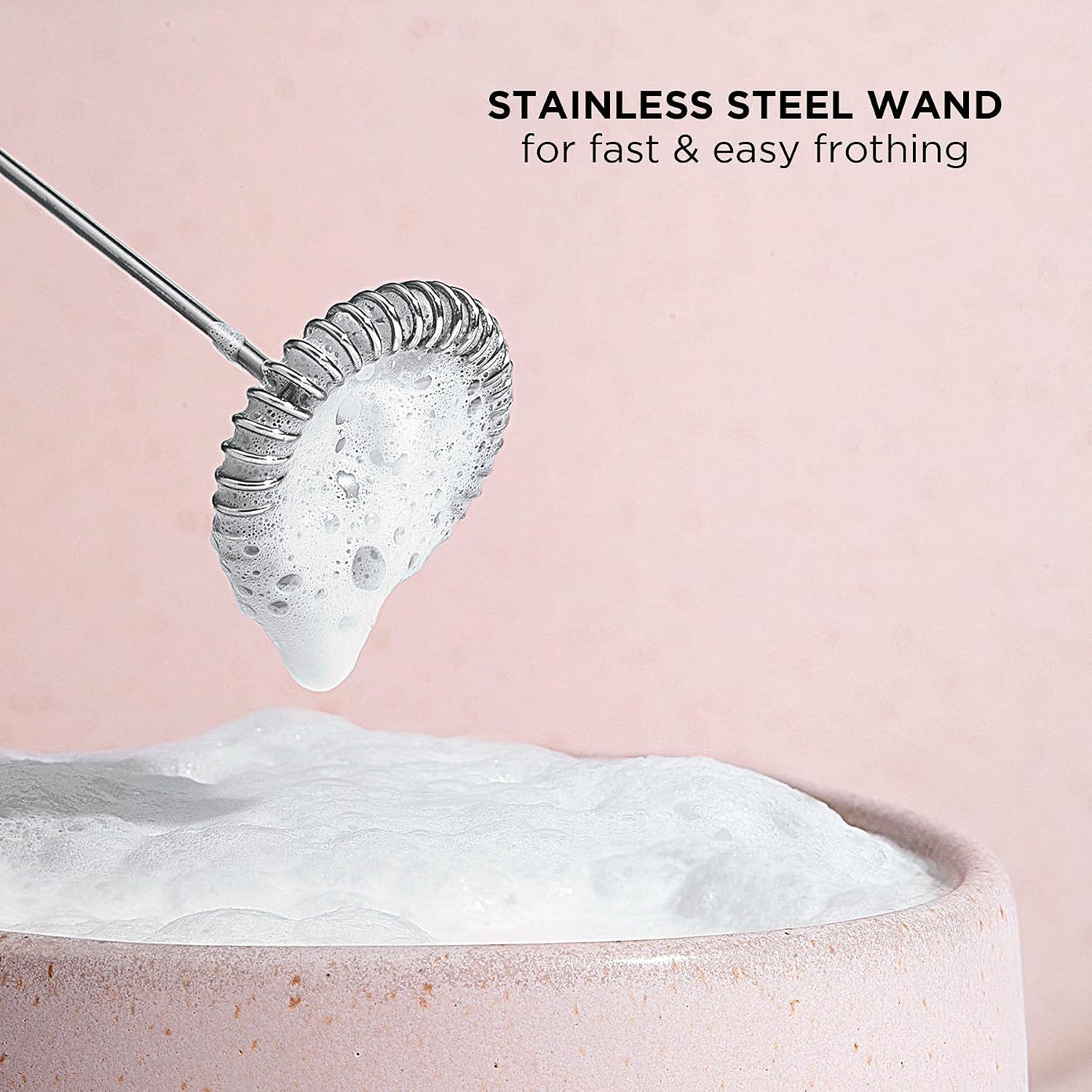 Chefman Handheld Electric Milk Frother Create Foam for Coffee, Cappuccinos, & Lattes, Mix Matcha & Protein Powder, Cordless & Compact, Stainless Steel Wand, Battery Operated
