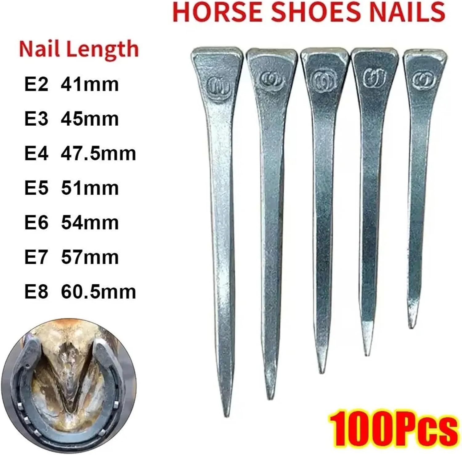 Horseshoe Nails 100 Pcs Steel E2-E8 Hoof Nails – Practical Horse Equipment for Shoe Repair, Harness Upkeep & Riding Essentials(100Pcs E5 51mm)