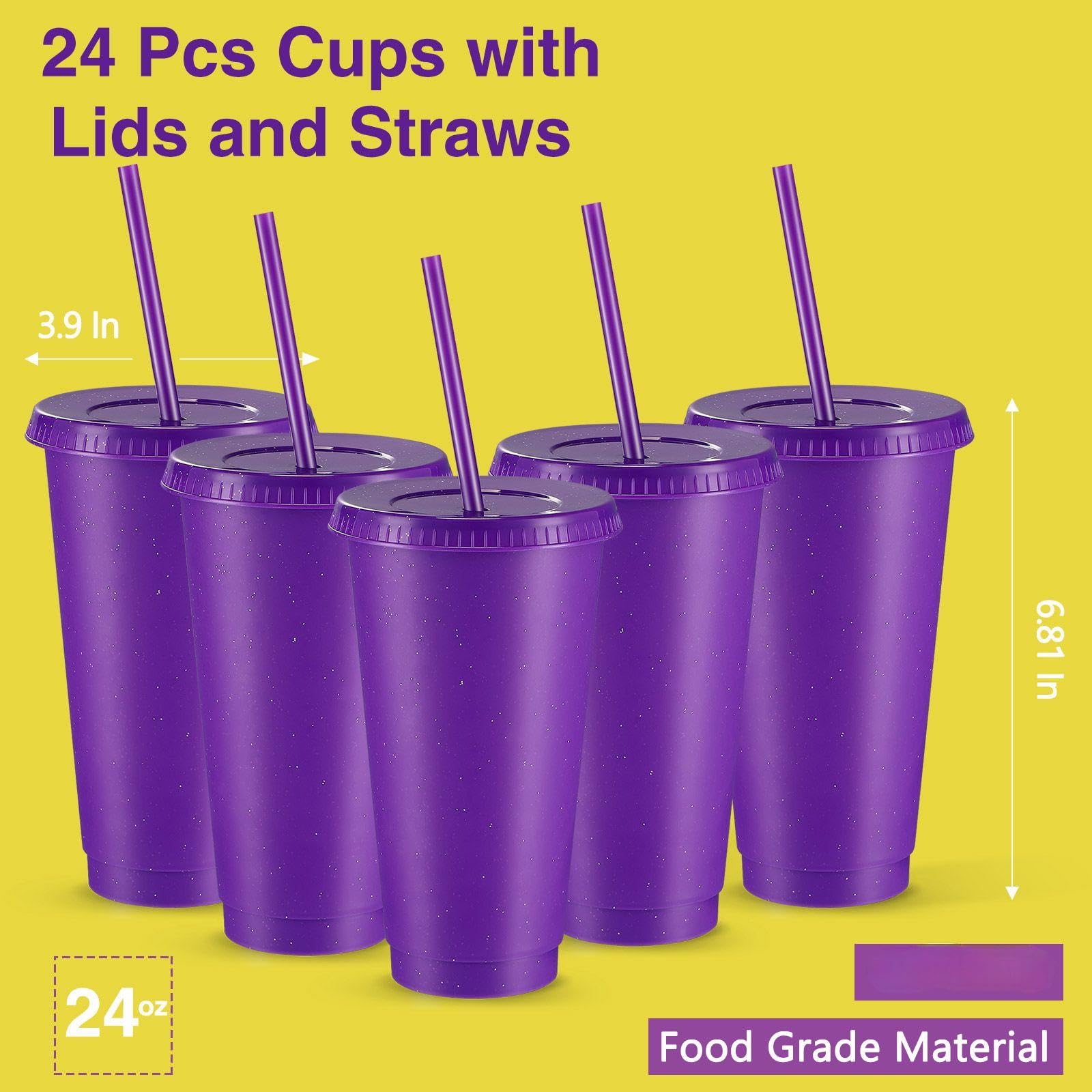 Amyhill Filiżanki wielokrotnego użytku z pokrywkami i słomkami, 680 ml, brokatowy, mrożony, plastikowy, podróżny kubek na soki smoothie, artykuły na przyjęcie urodzinowe dla dziewcząt, fioletowe, 24
