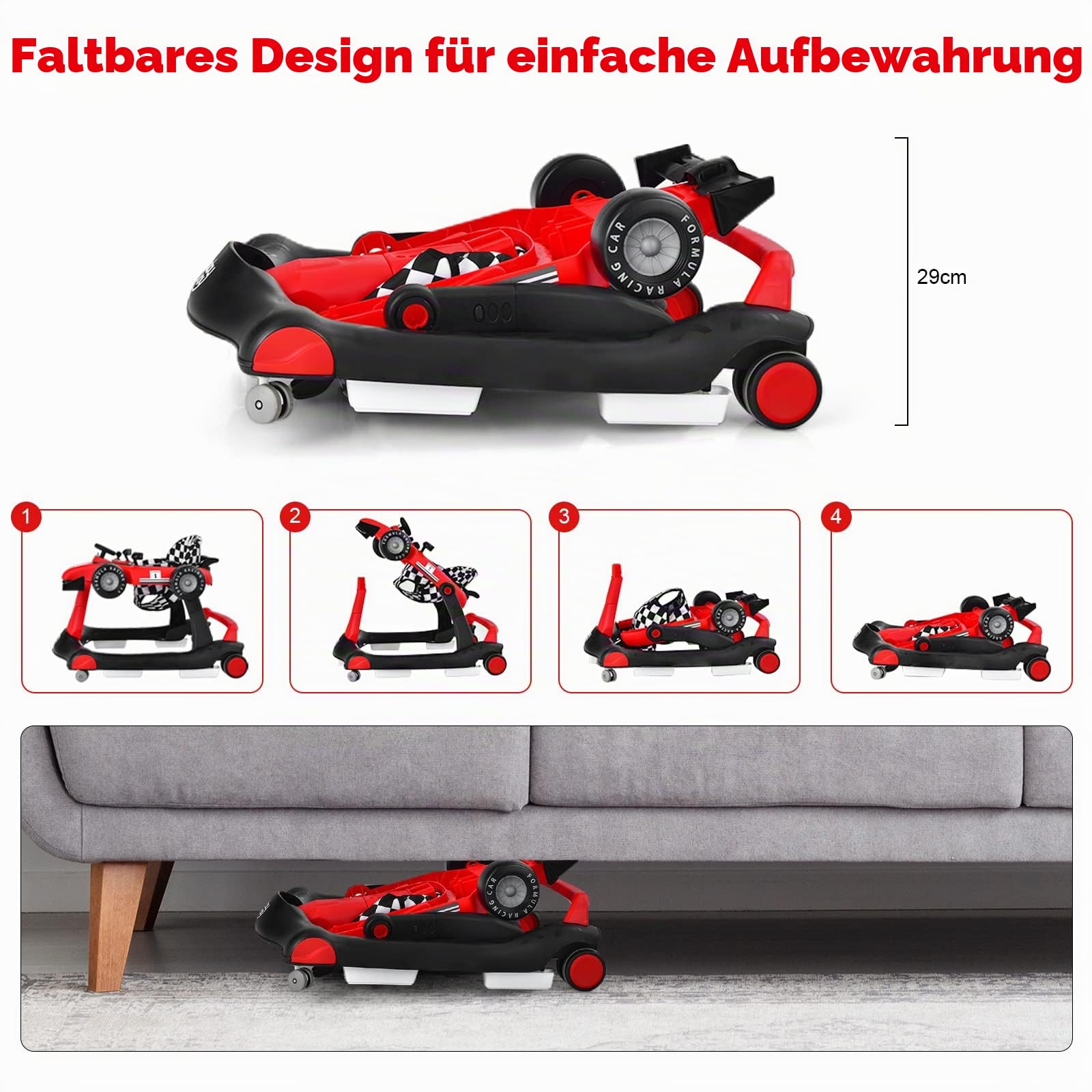 LIFEZEAL 4 in 1 Lauflernhilfe Baby, Höhenverstellbares & Klappbares Babywalker, Baby Gehfrei ab 6 Monate, Laufwagen mit einstellbarer Geschwindigkeit, Licht & Musik (rot)