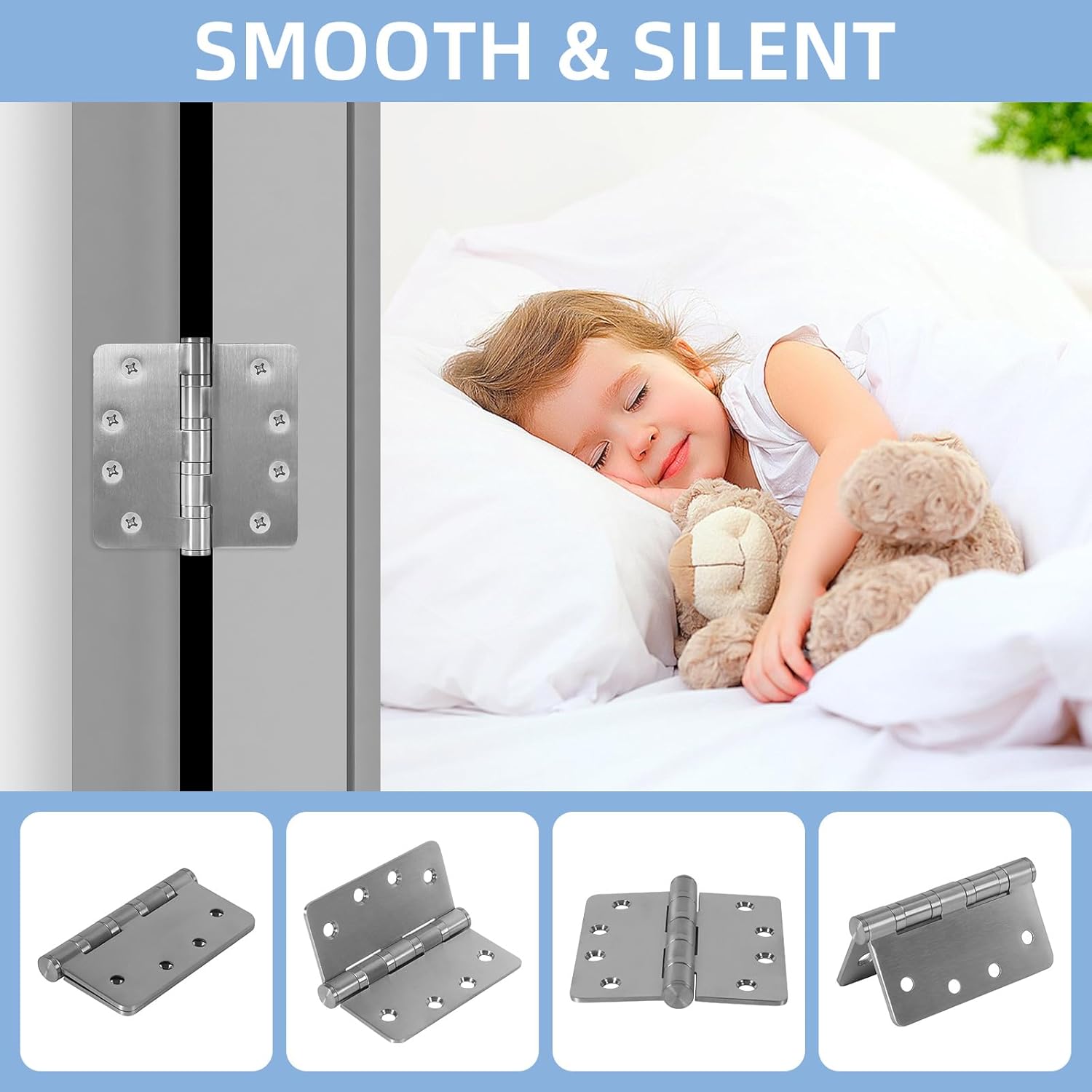 6 Pack Heavy Duty Door Hinges, 4 Inch Ball Bearing Door Hinges Stainless Steel Hinges with 1/4" Radius Corners, Heavy Duty Door Hardware for Left and Right Hand Door, Brushed Nickel