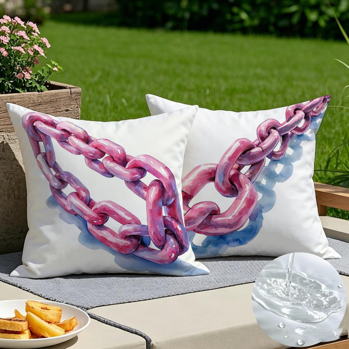Coussin exterieur impermeable rose 50x50 cm, lot de 2 housses en lin abstrait pour jardin et lit