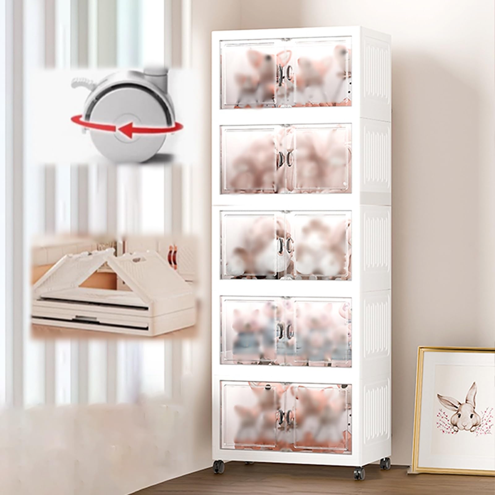 Teca Plexiglass Vetrina Pieghevole in Plastica con Ruote, Contenitore Impilabile con Doppia Anta e Coperchio, Vetrina in Acrilico Trasparente per Oggetti da Collezione(5-Layer)