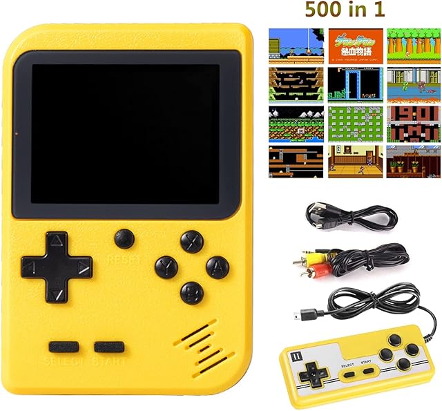 Handheld Game Console, Yumcute Portable Retro Game Console with 500 Classical FC Games,3.0-Inches Display,Built-in 1020mAh Rechargeable Battery Support for Connecting TV and Two Players (Yellow)