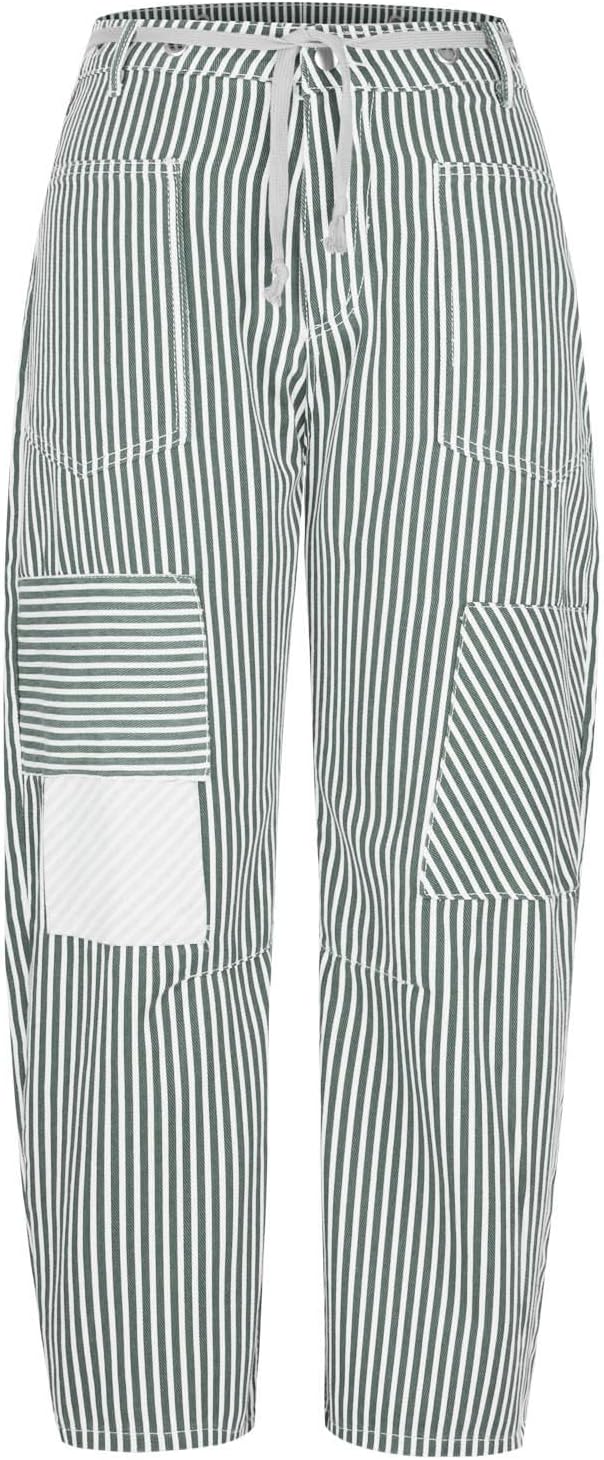 Women Striped Barrel Pant Drawstring Patchwork Wide Leg Baggy Pant Slouchy Streetwear Casual Y2k Trousers with Pockets Blue