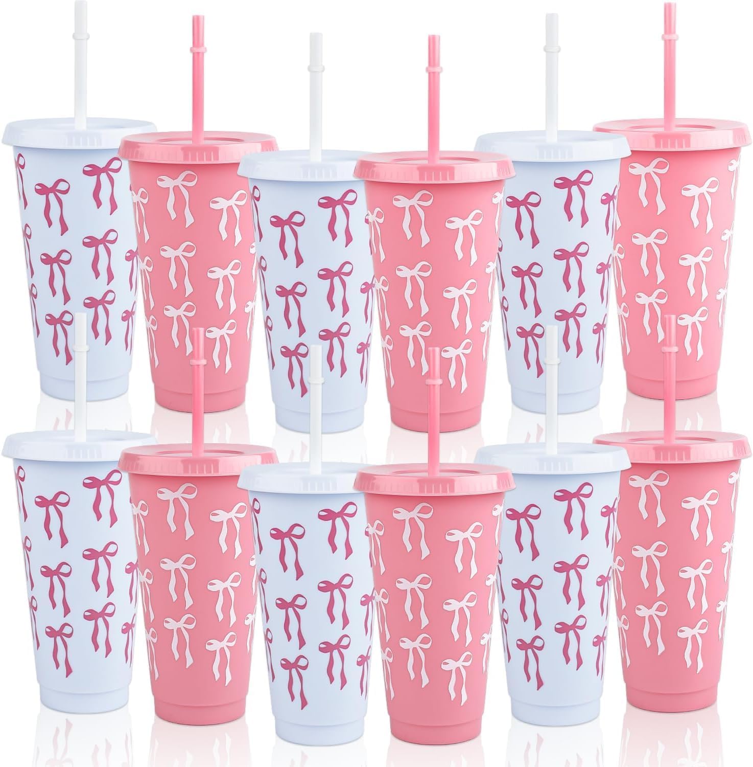 12 Pcs 24 oz Pink & White Bow Plastic Cups with Straw and Lid, Reusable Coquette Bow Tie Cold Cups Bulk Party Supplies Coffee Cups for Wedding Baby Shower Birthday Party Valentine’s Day