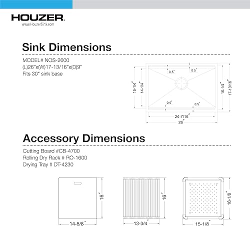 Miniatura 6 de Houzer Novus - Fregadero de cocina de acero inoxidable fregadero de cocina con estación de trabajo de doble plataforma de montaje inferior de 26