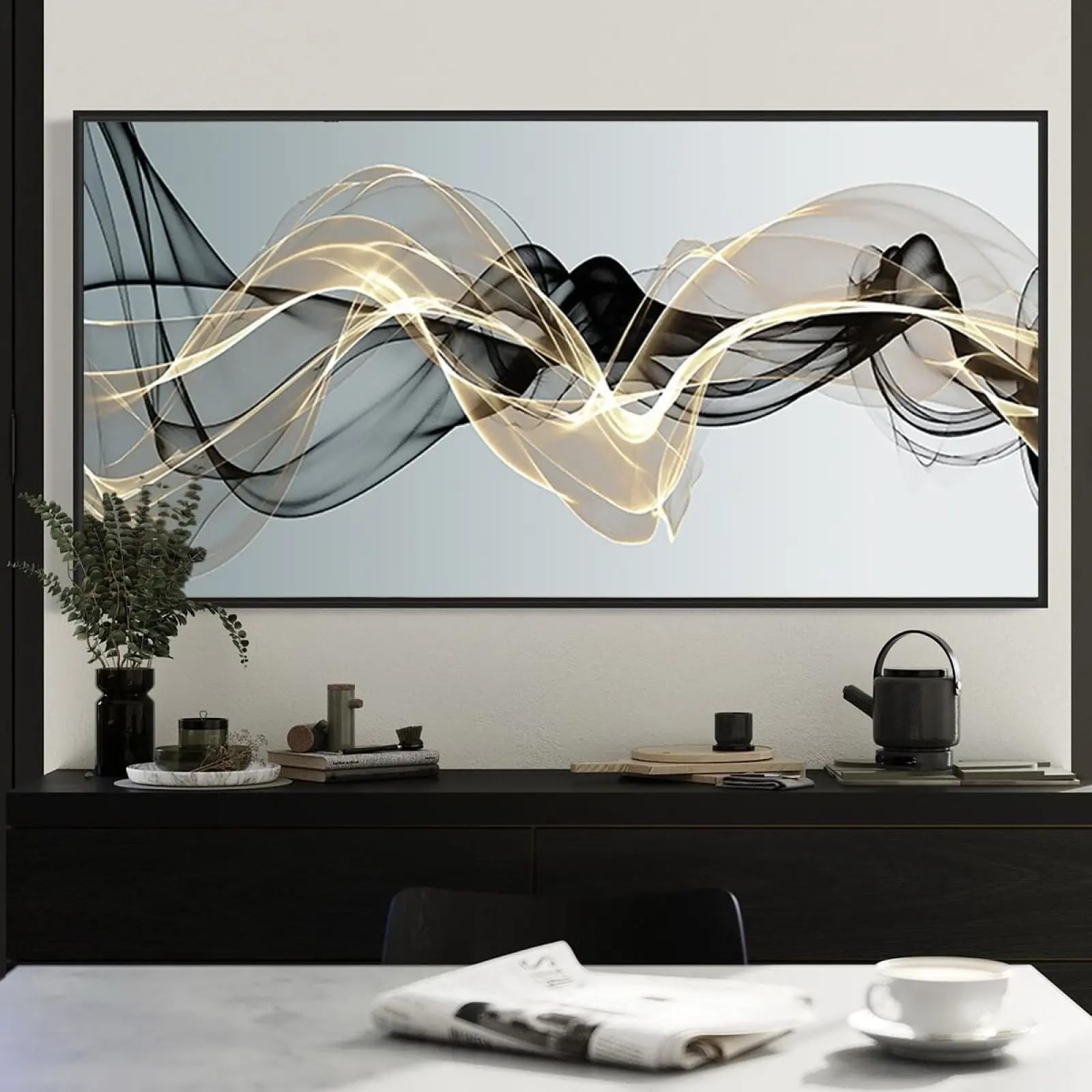 Peinture murale chic avec lignes dorées et noires, finition artistique premium - 8