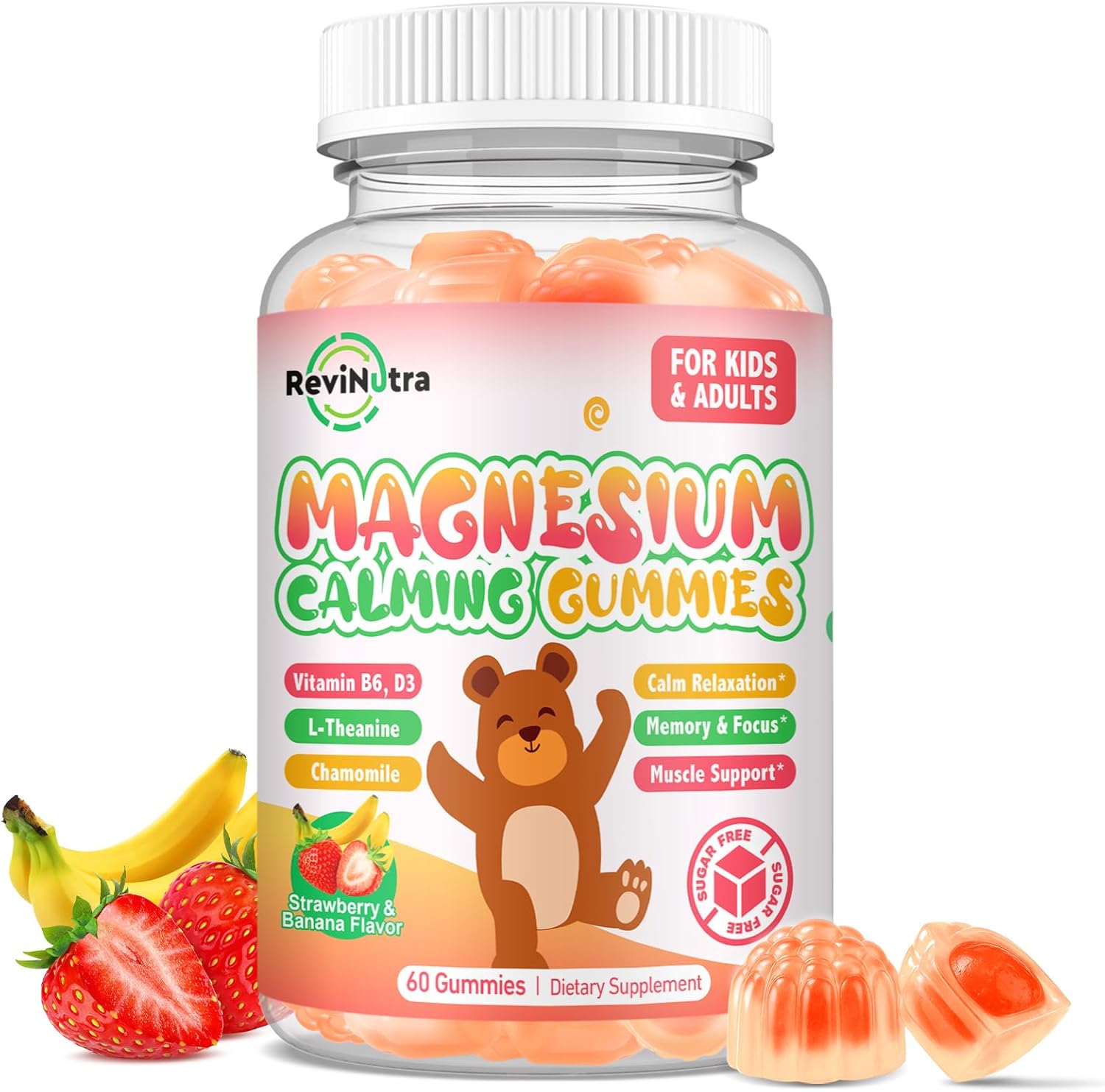 Kids Magnesium Glycinate Gummies, Magnesium Supplement with L-Theanine, Vitamin B6, D3 for Kids & Adults, Calm Magnesium for Sleep Relaxation,Brain,Bones,Sugar Free Strawberry 120ct