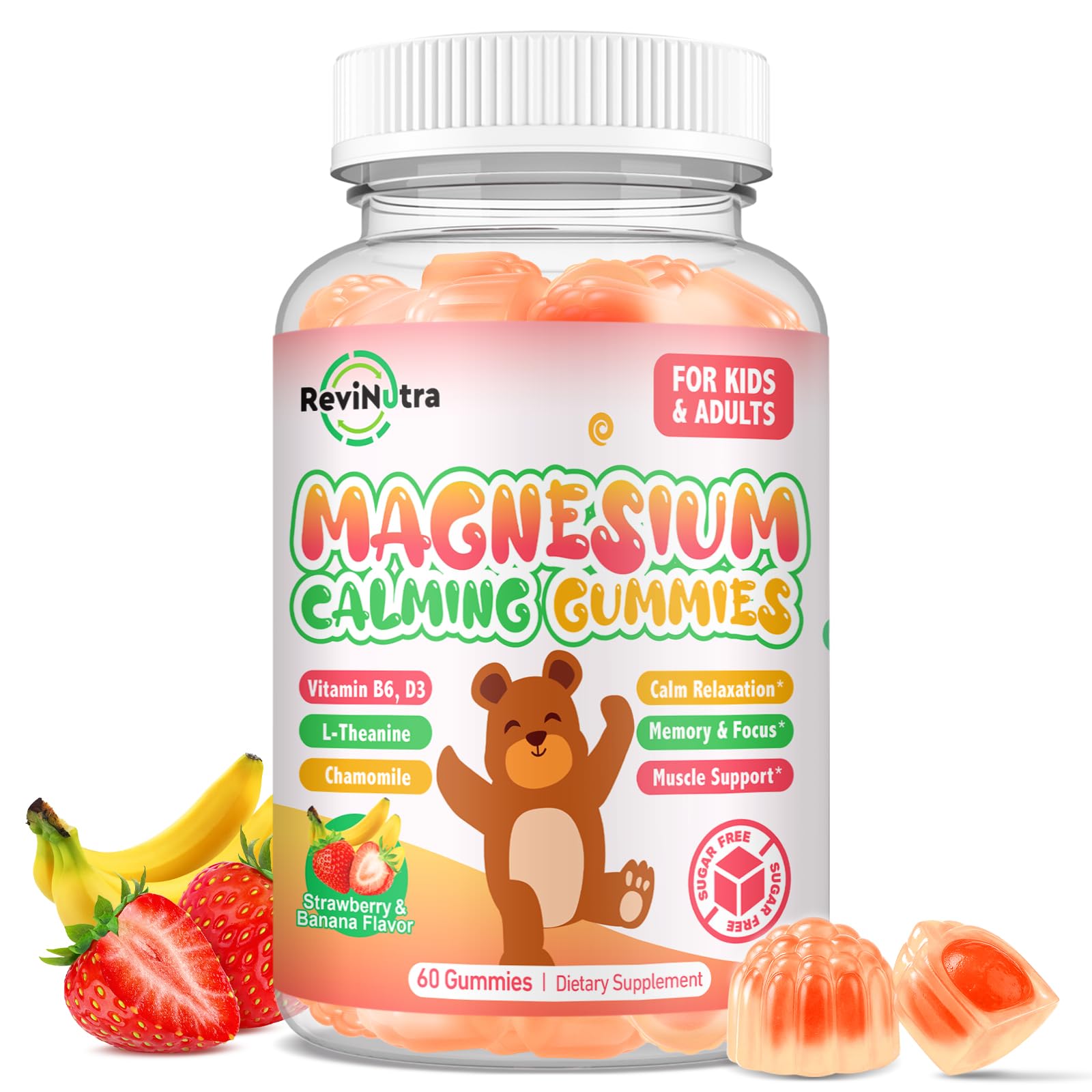 Magnesium Gummies for Kids - Magnesium Glycinate Gummies with L-Theanine, Vitamin B6, D3 for Kids & Adults Sleep, Calm, Relaxation, Brain, Bones, Muscle Relief, Sugar Free Banana & Strawberry 60ct Banana & Strawberry 60 Count (Pack of 1)