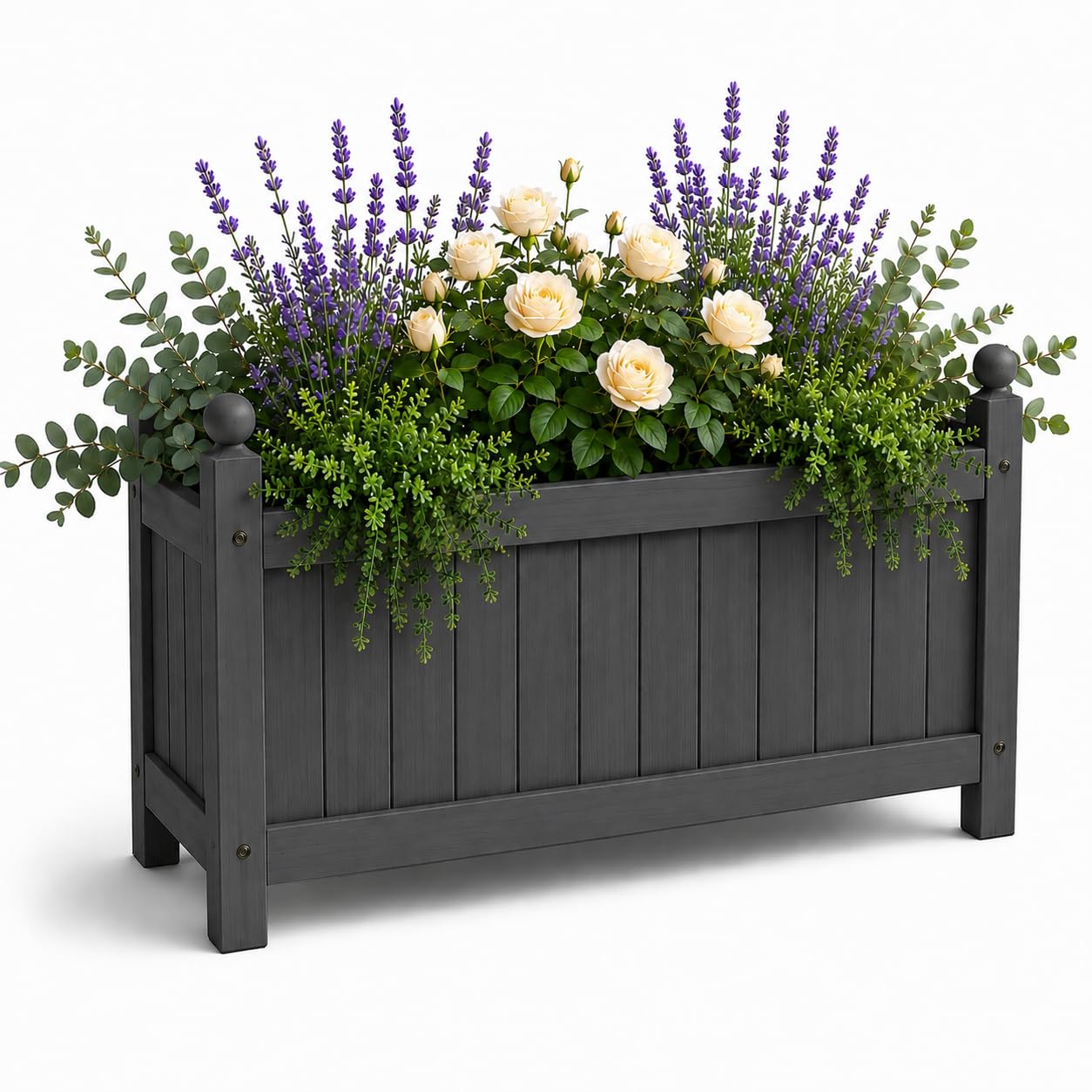 BBSK Wooden Raised Planter Box, Outdoor Flower Planter with Drainage Holes, Elevated Garden Bed for Flowers, Herbs & Plants, Patio Balcony Porch Decor, 60 x 20 x 34 cm (Grey)