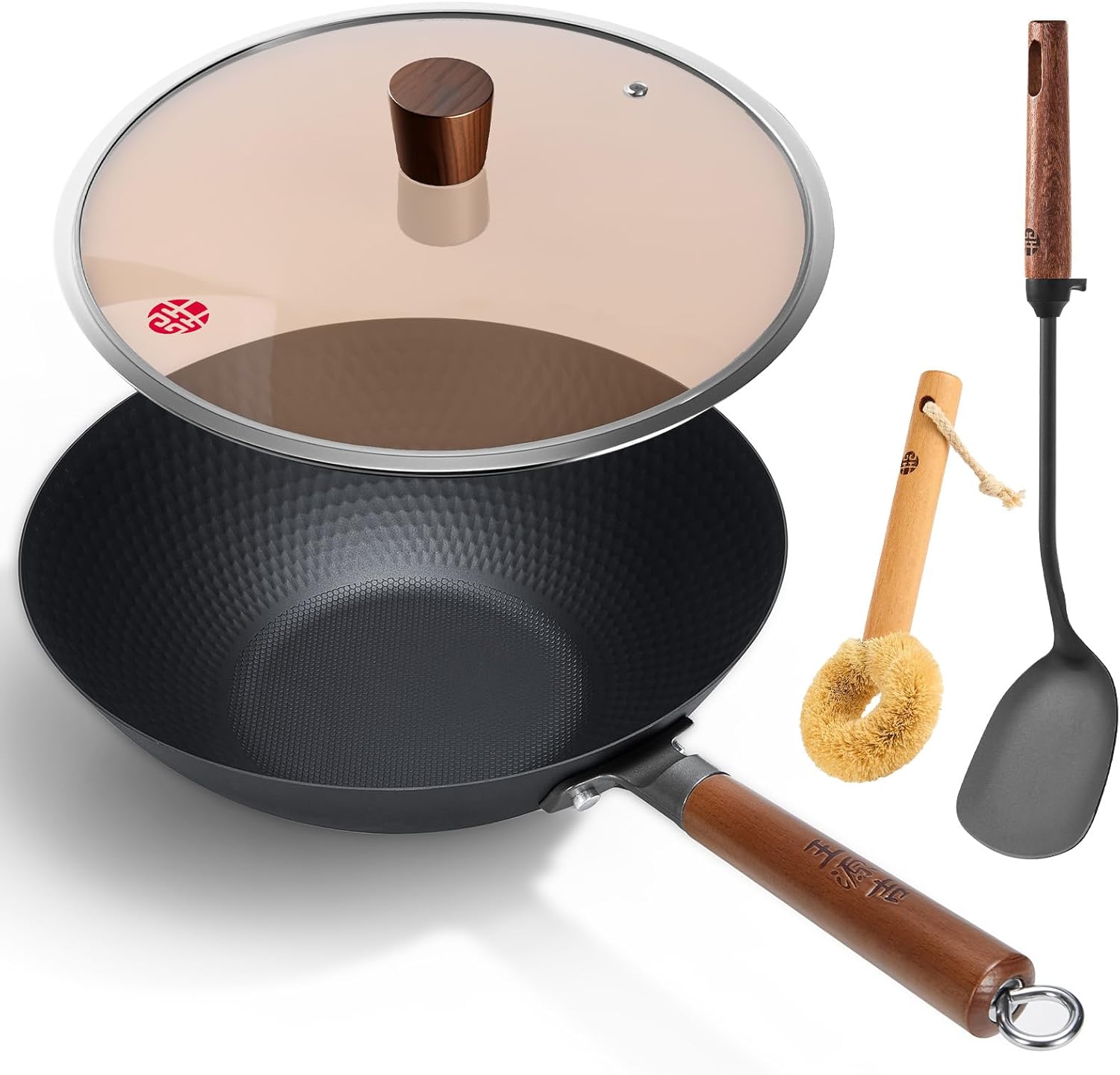 WANGYUANJI Carbon Steel Wok Pan with Lid (12.6"), Ultra-Lightweight 2.9lb Stir Fry Pan for Electric, Induction & Gas Stoves, Pre-Seasoned Flat Bottom Iron Skillet with Spatula, No Chemical Coating