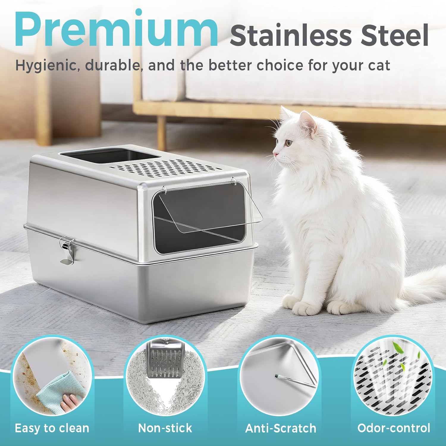 Large Enclosed Stainless Steel Litter Box with Lid, 19.7"x13.8"x13.8" High Sided Metal Cat Litter Box for Indoor Cats, Covered Dog Proof Kitty Litter Pan, Odor Free Tray, Non Sticky, L