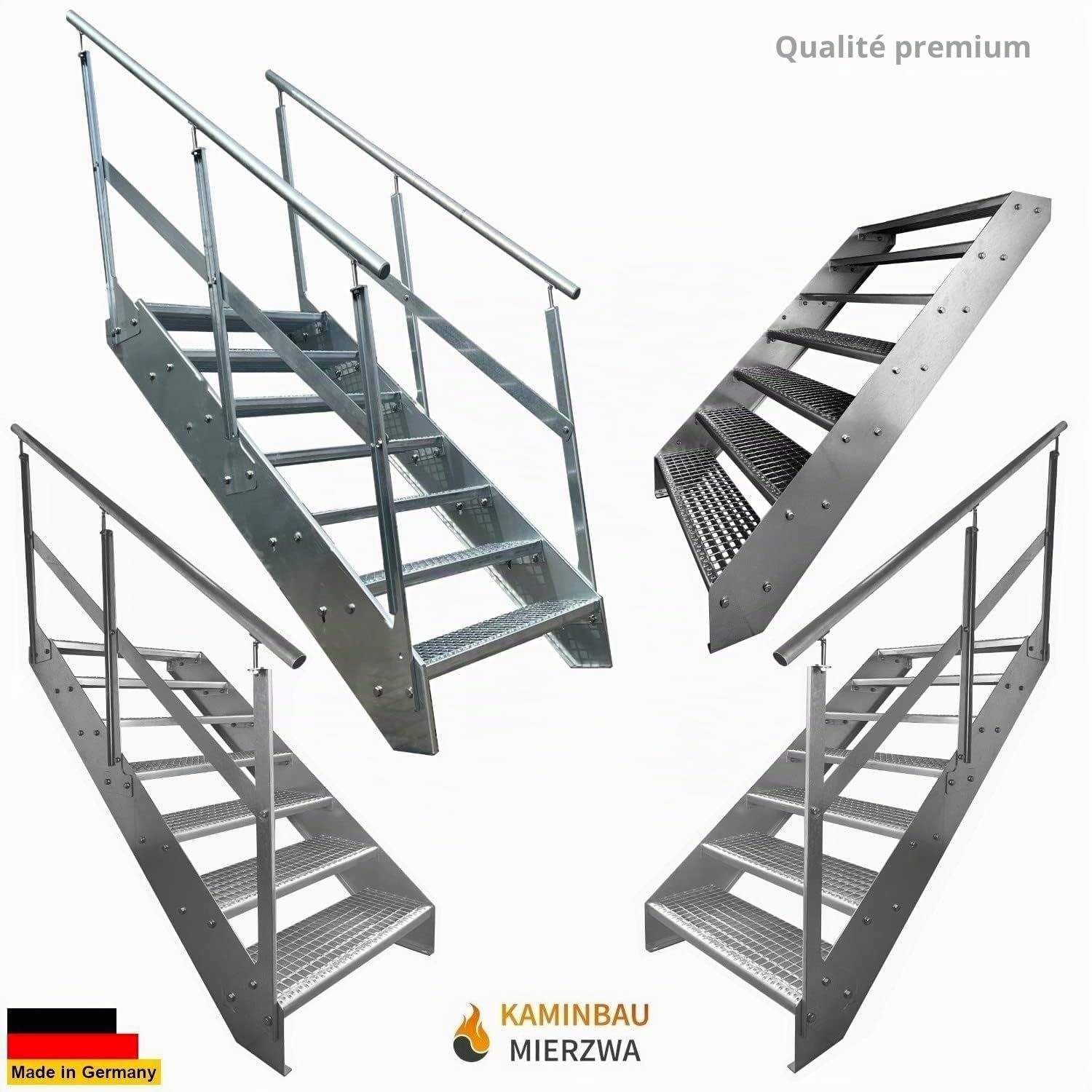 Premium Caillebotis acier Escalier à limon 7 Marches Entièrement galvanisé avec garde-corps à droite - Dimensions (L x l x H) 139cm x 80cm x 133cm