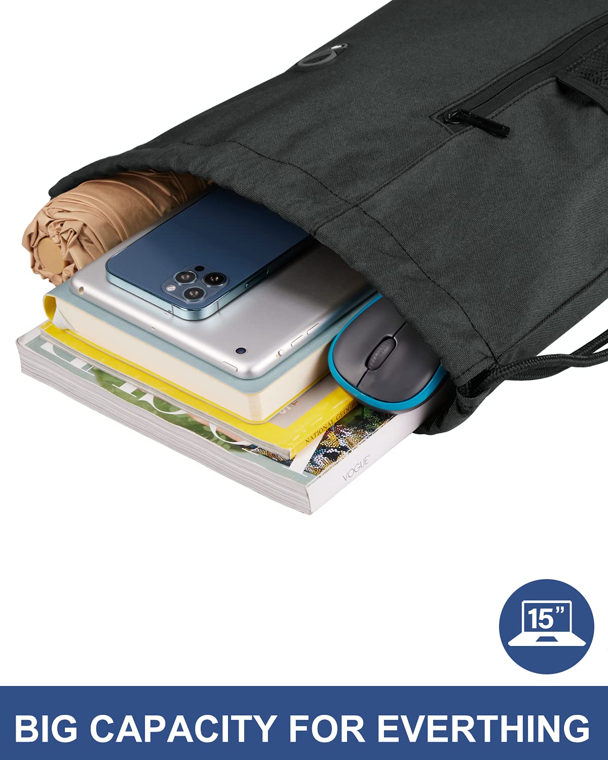 LIVACASA Mochilas de Cuerdas Mujer Hombre Toma USB para Auriculares con Bolsillos Mallas para Botellas Tela Oxford Bolsa de Cuerdas Mochilas Impermeables para Yoga Gimnasio Deportes — view 3