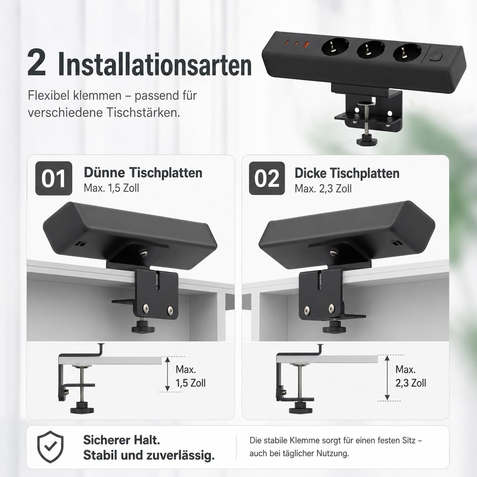Tischsteckdose mit 65W USB C, Haiaoyyds Steckdosenleiste Schreibtisch mit 3 Steckdosen, 1,8M Kabel, Überlastschutz, Schreibtisch Steckdose für Zuhause & Büro, Schwarz