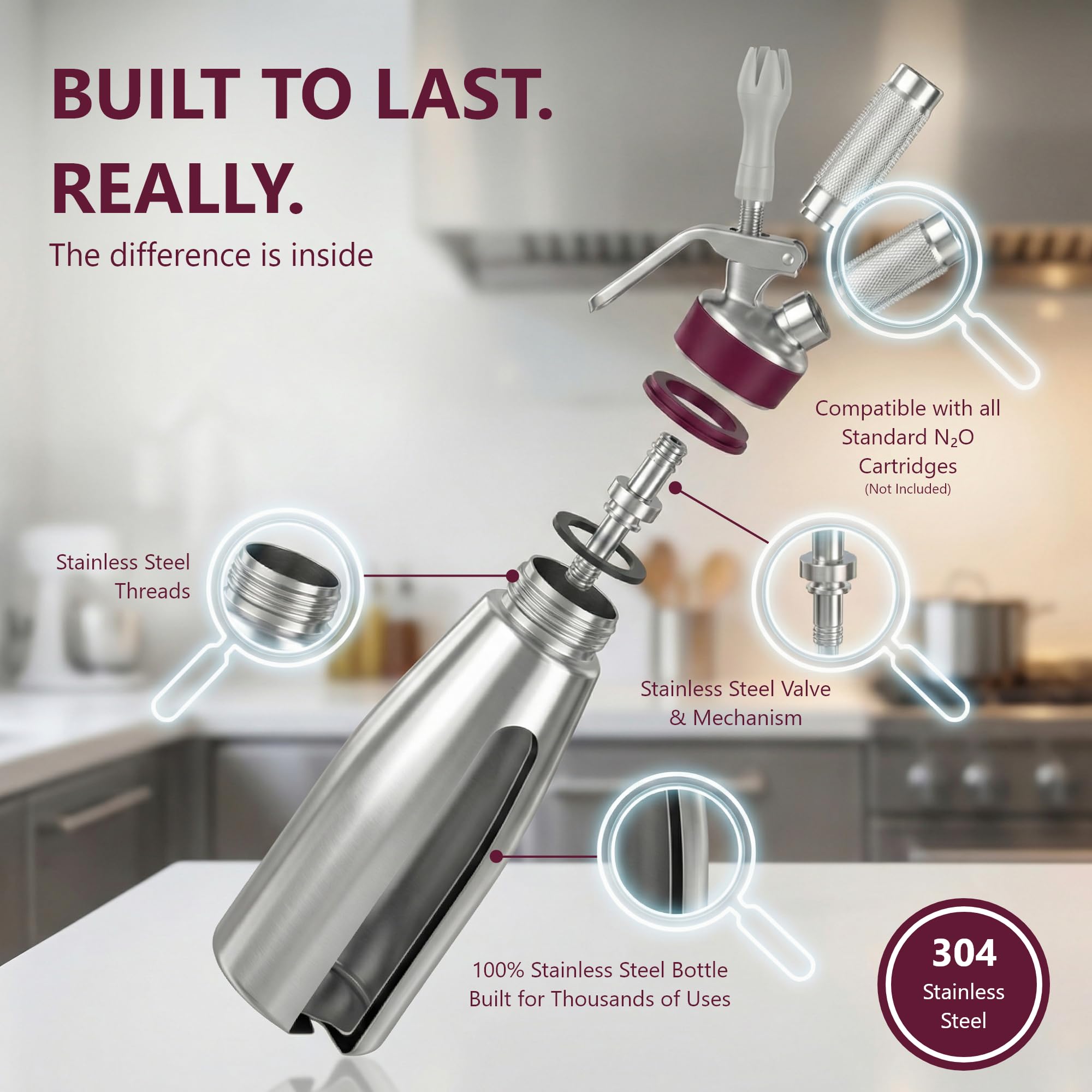 GOBEL - Siphon für die professionelle Küche aus Edelstahl - Siphon für Schlagsahne mit Edelstahlbehälter und -kopf - 1L - Professionelle Qualität (entspricht NF D21-901)