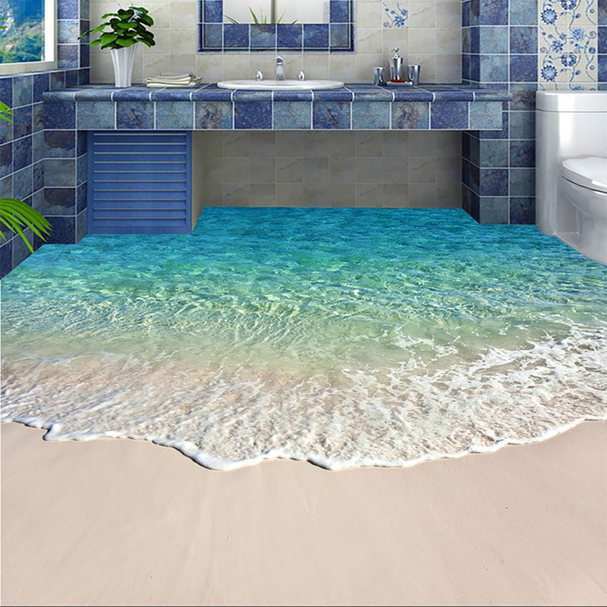 ECYC 3D Water Waves Beach Ocean Waterproof Creative Floor Tiles Painting Murals Sticker