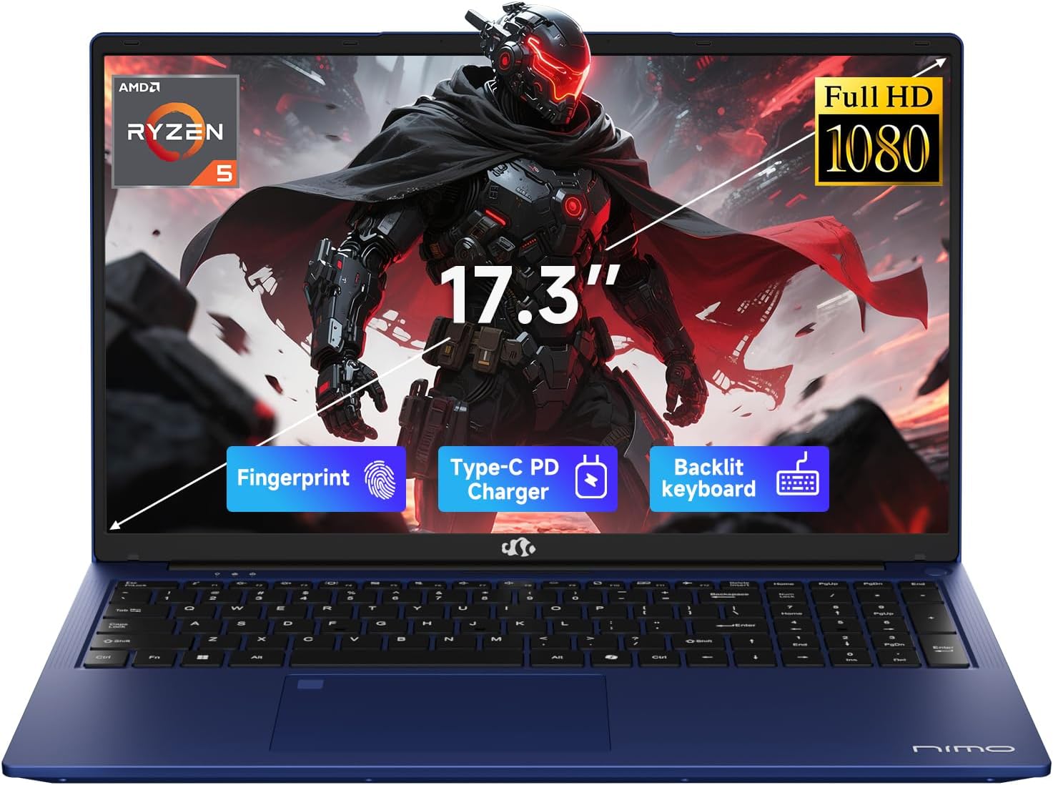 NIMO 17.3" IPS FHD-Gaming-Laptop, AMD Ryzen 5 6600H 16GB DDR5 RAM 1TB SSD (Beat i7-1165G7 Up to 4.5GHz) Radeon 660M GPU-Computer with 100W Type-C Backlit Keyboard Fingerprint