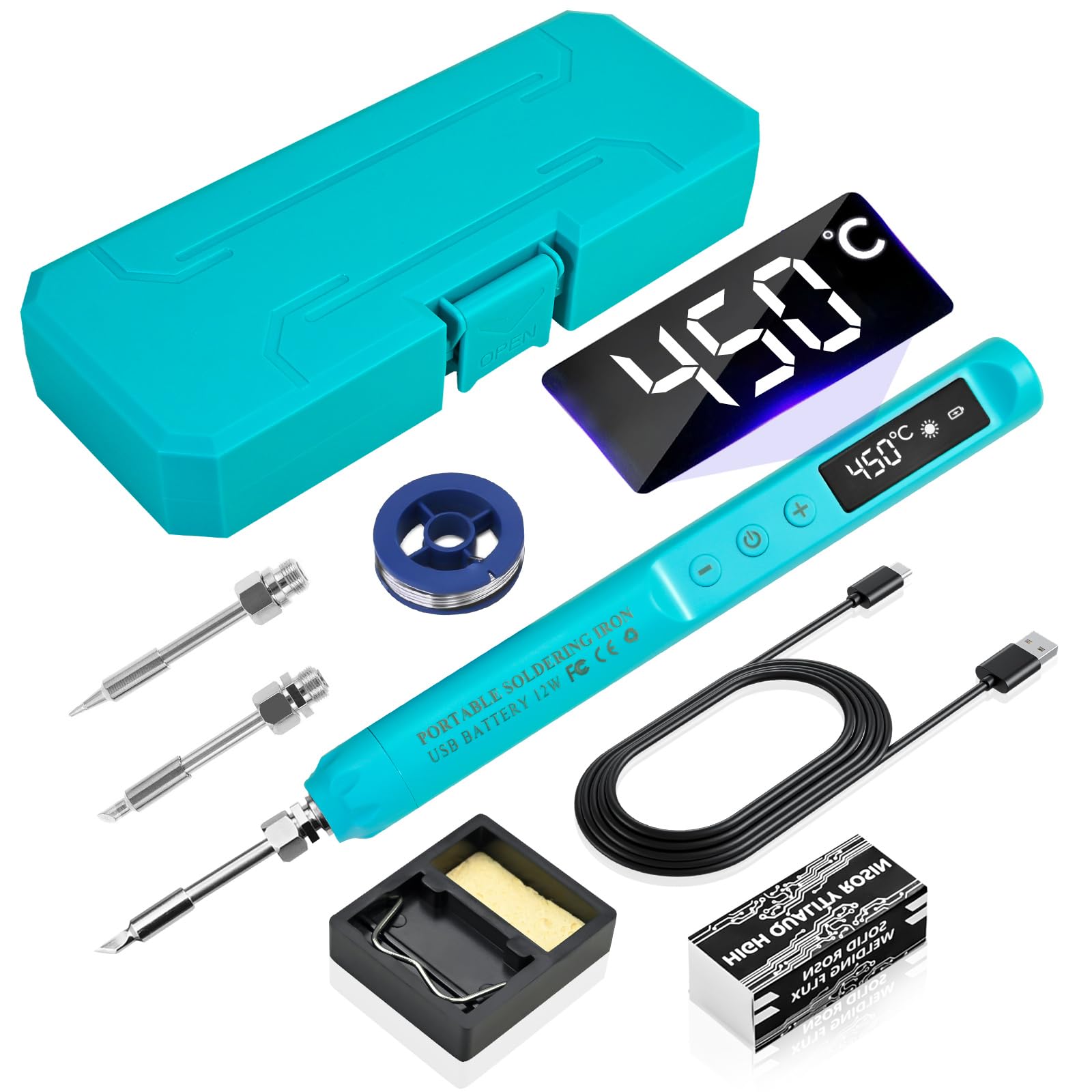 Cordless Soldering Iron Kit with LCD Display - Rechargeable USB C Soldering Iron with 3 Tips Adjustable Temperature 200°C - 450°C, Electric Portable Soldering Irons Pen Welding Kit (Blue)