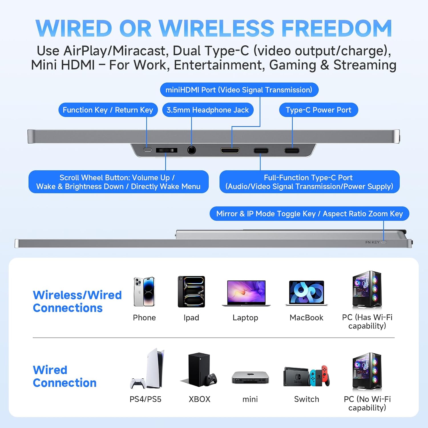 Wireless Portable Monitor with Power Bank, Supports AirPlay/Miracast, 15.6" 1080P Portable Screen Extender, Wireless Casting&Auto-Rotation, Dual Monitor for Laptop/Mac/Switch/Phone/PC
