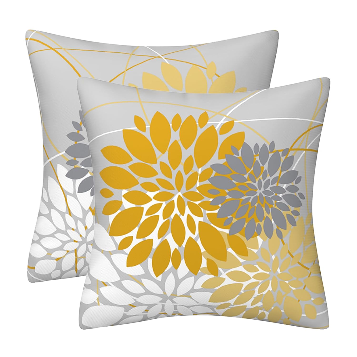 Grey Yellow Pillow Covers 18x18 Inch Spring Summer Dahlia Throw Pillow Covers Geometric Floral Elegant Line Square Cushion
