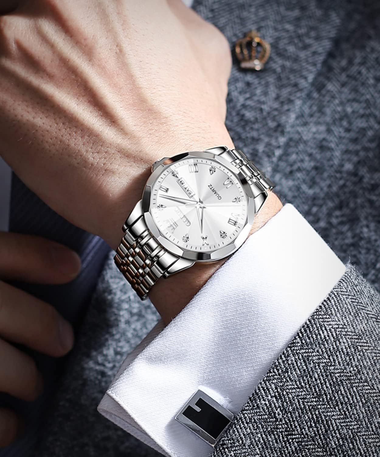 Miniatura 9 de OLEVS Reloj para hombre de acero inoxidable con diamantes para hombre, resistente al agua, con fecha y día analógico de cuarzo