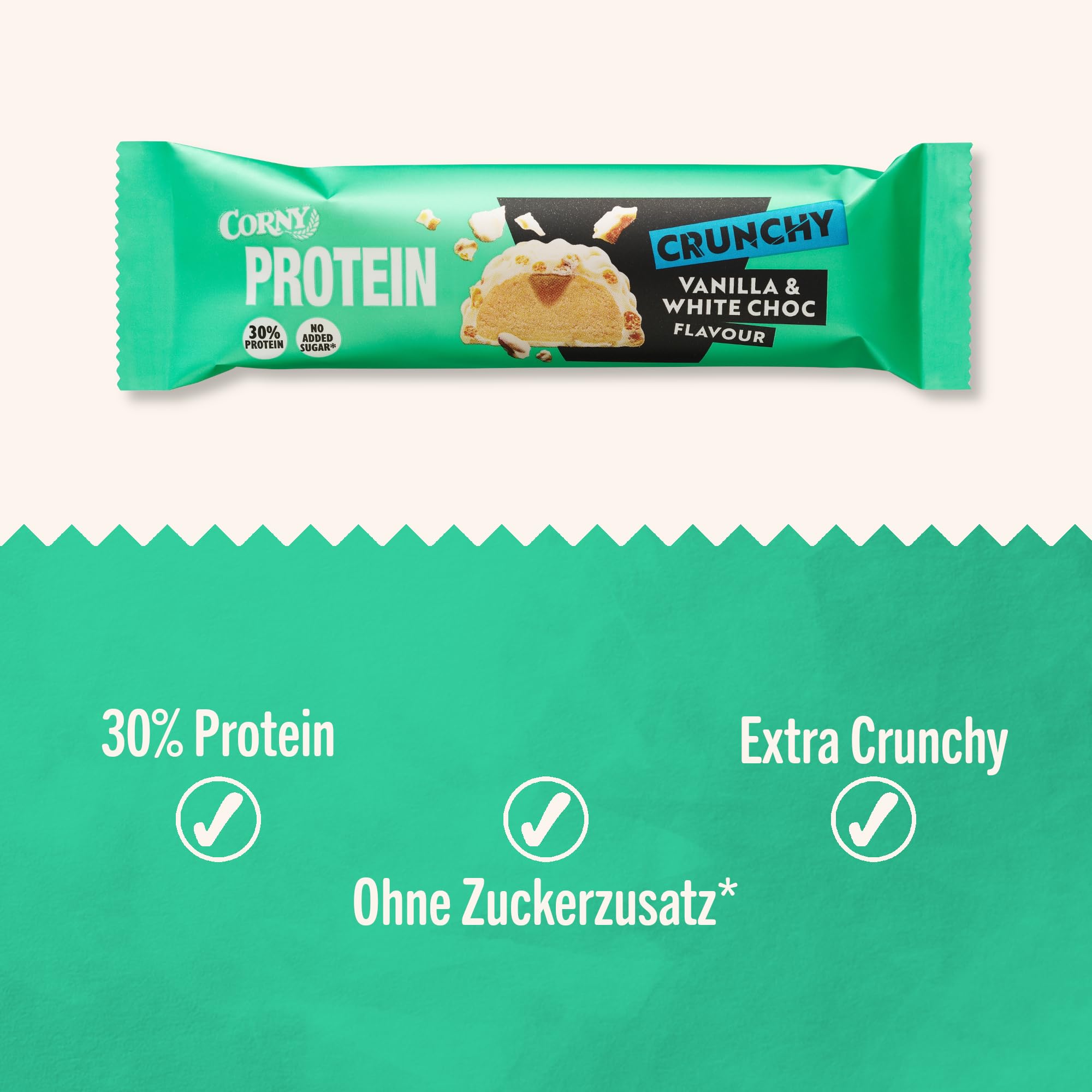 CORNY Protein Crunchy Cioccolato Bianco e Vaniglia, Barretta Proteica Senza Zuccheri Aggiunti*, 12 Barrette x 45g (Confezione da 2)