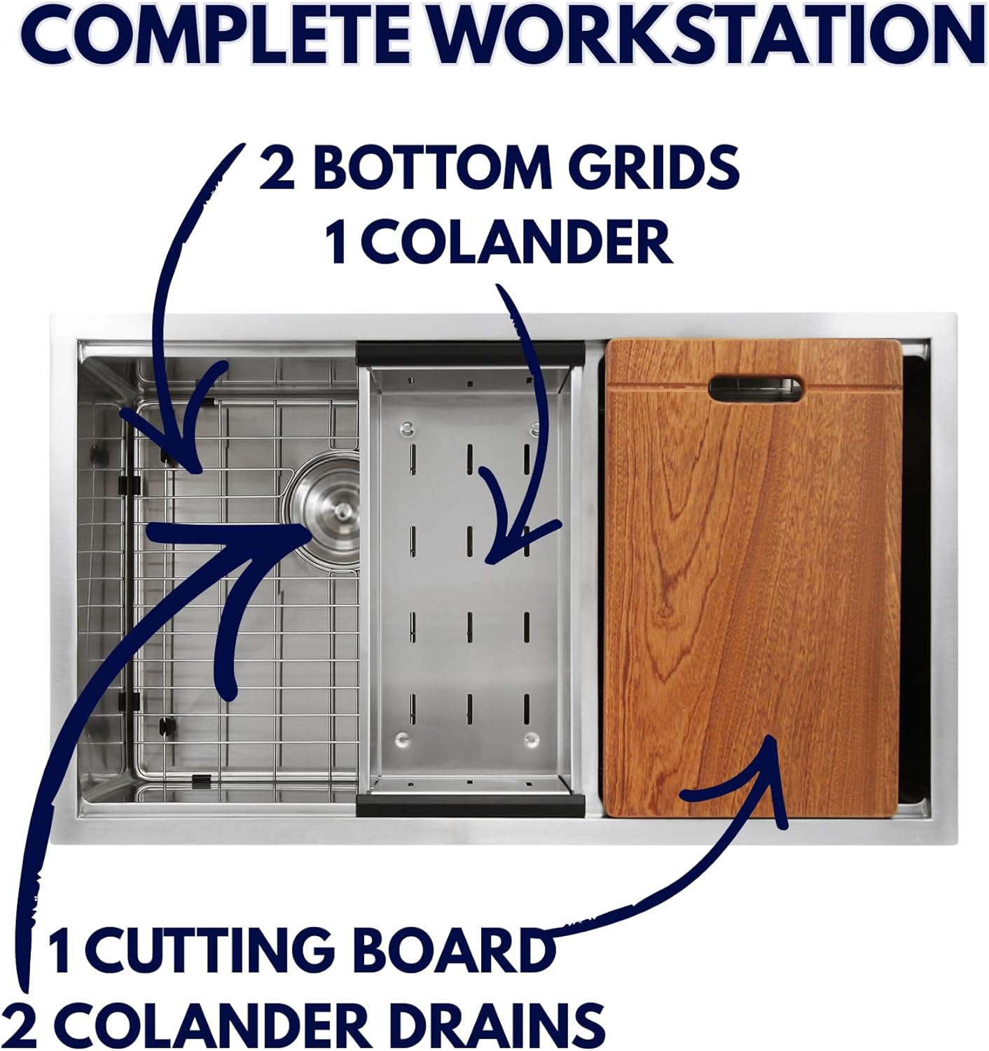 Nantucket SR-PS-3219-OS-16 Undermount Kitchen Workstation Sink – 32" Stainless Steel Sink w Cutting Board, Colander, Bottom Grids & Offset Drains, Double Bowl, Satin Finish, Small Radius Corners