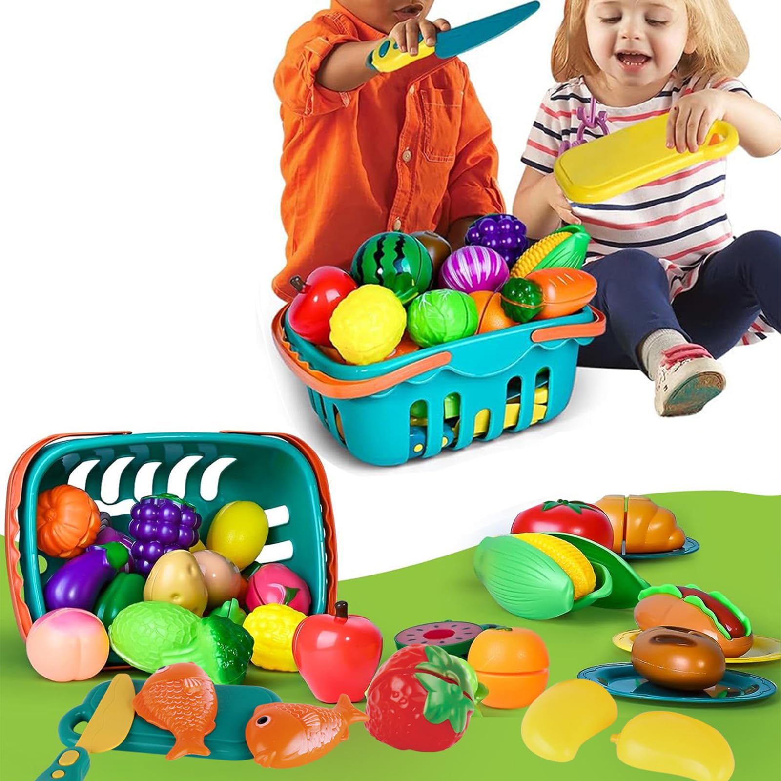Set di giocattoli per tagliare alimenti con frutta, cestino, piatti, taglierina e utensili per giochi di ruolo in cucina, giocattolo alimentare