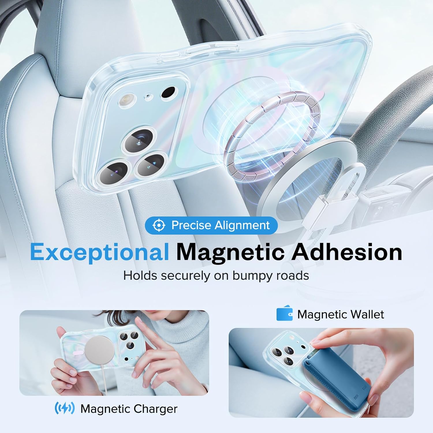 GVIEWIN Magnetic for iPhone 17 Pro Case, [Full Camera Protection] [Compatible with MagSafe] Curly Wavy Frame Gradient Sparkly Glitter Women Girls Phone Cover for 17 Pro 6.3", Blue