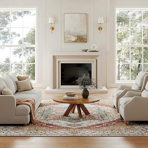 Washable Area Rugs 8x10 Large 8x10 Area Rugs Non Slip Rug Low Pile Area Rug Distressed Printed Carpet Soft Area Rug for Living Room Dinning Room Bedroom Playroom Indoor-Yellow/Brown