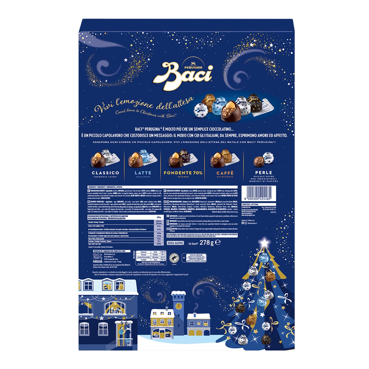 Baci Calendario de Adviento de Navidad, surtido de trufas de chocolate con avellana, sin gluten, 278 g (paquete de 1)