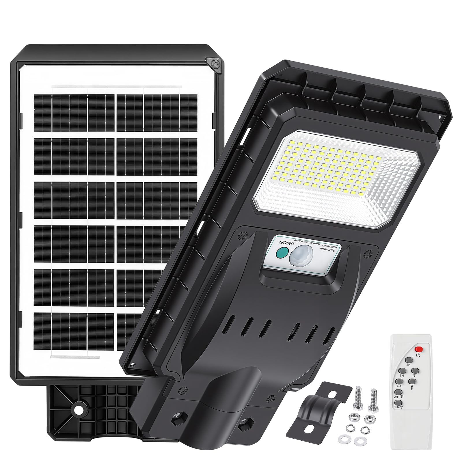 RIGIDON Focos Led Exterior Solares, Farolas Luces, Sensor de Movimiento y Control Remoto, Iluminacion Lampara para Pared Garage Patio Calle Valla, Jardín Terraza, 96 LED 5000mAH, IP66 Impermeable